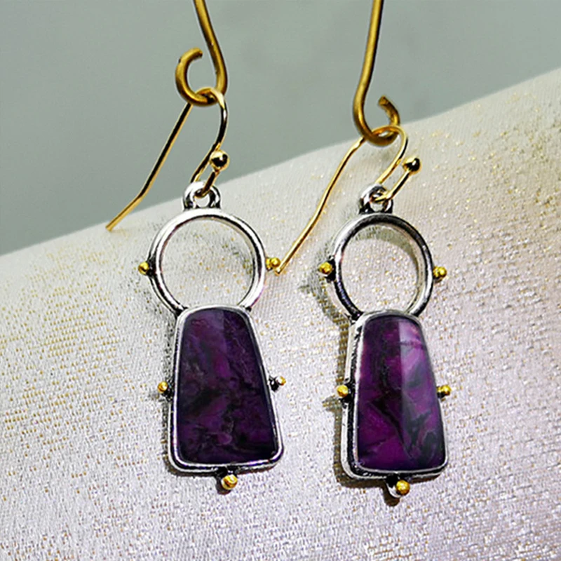 

Indian Tribal Purple Geometric Stone Drop Earrings For Women Vintage Ethnic Hollow Circle Metal Dangle Earring Brincos O4D370