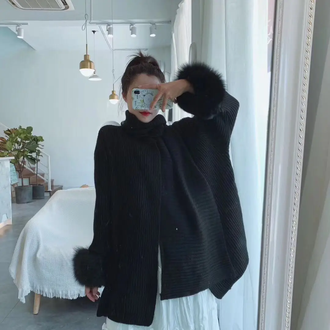 

High Quality Real Fox Fur Cuff cardigan women Scarf Collar Wool Knitting sweater Elegant Genuine Fur Cardigans