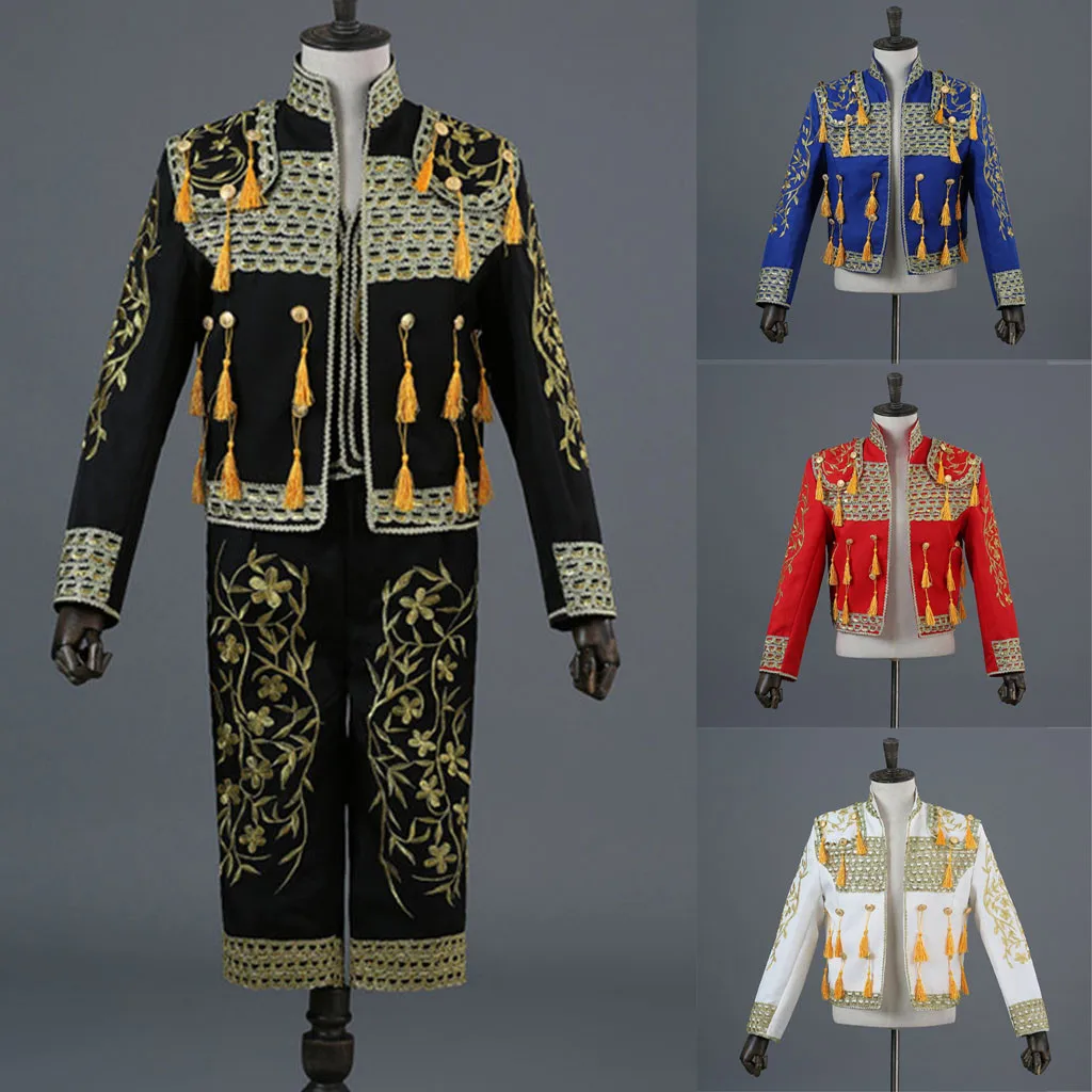 Fashion men's court suit Spanish bullfighting suit high collar Chinese style 3 piece stage singer costume(suit coat+Pants+Vest
