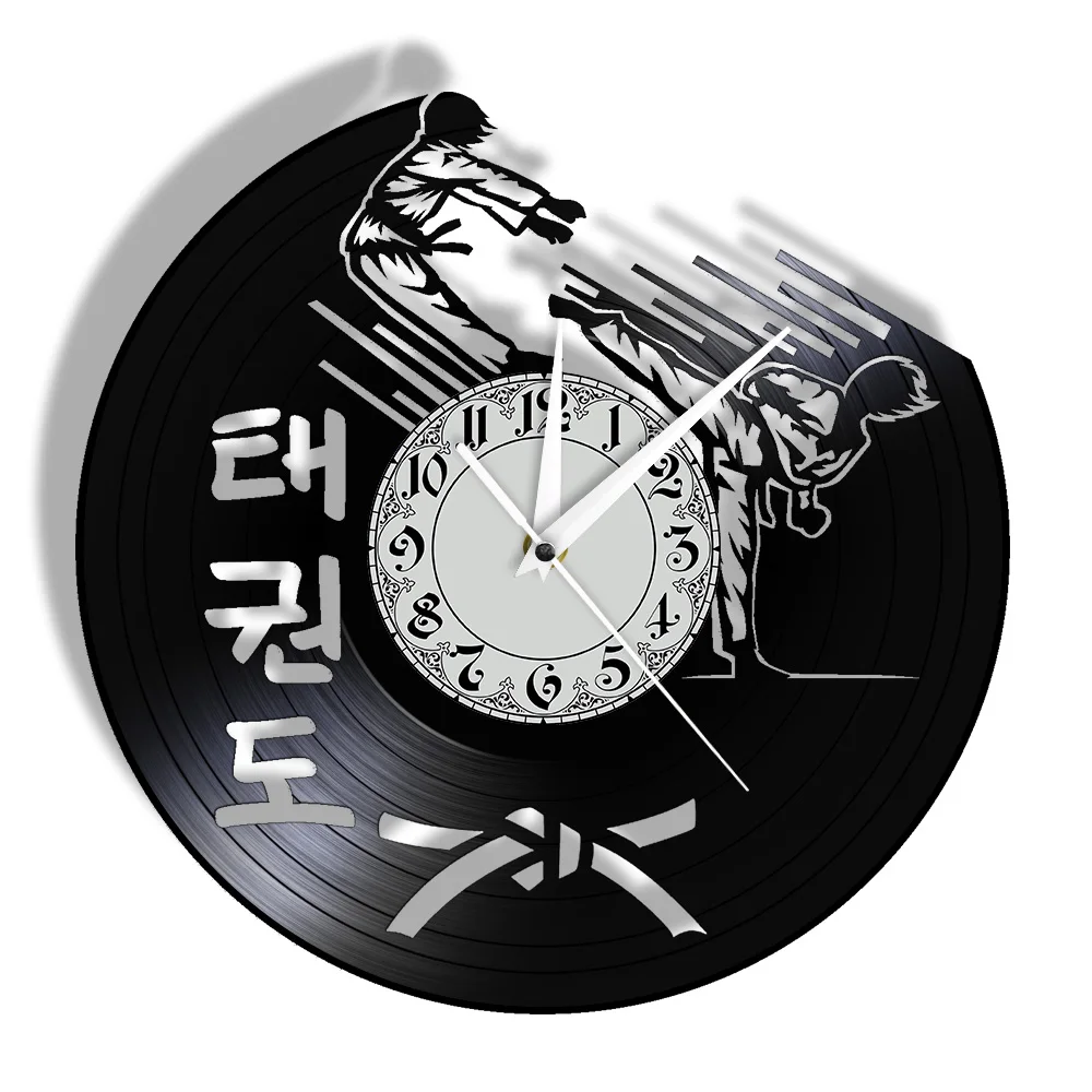 Kickboxing Karate Guys Vinyl Record CD Disc Wall Clock Korean Martial Art Taekwondo Shadow Watch Home GYM Training Center Decor