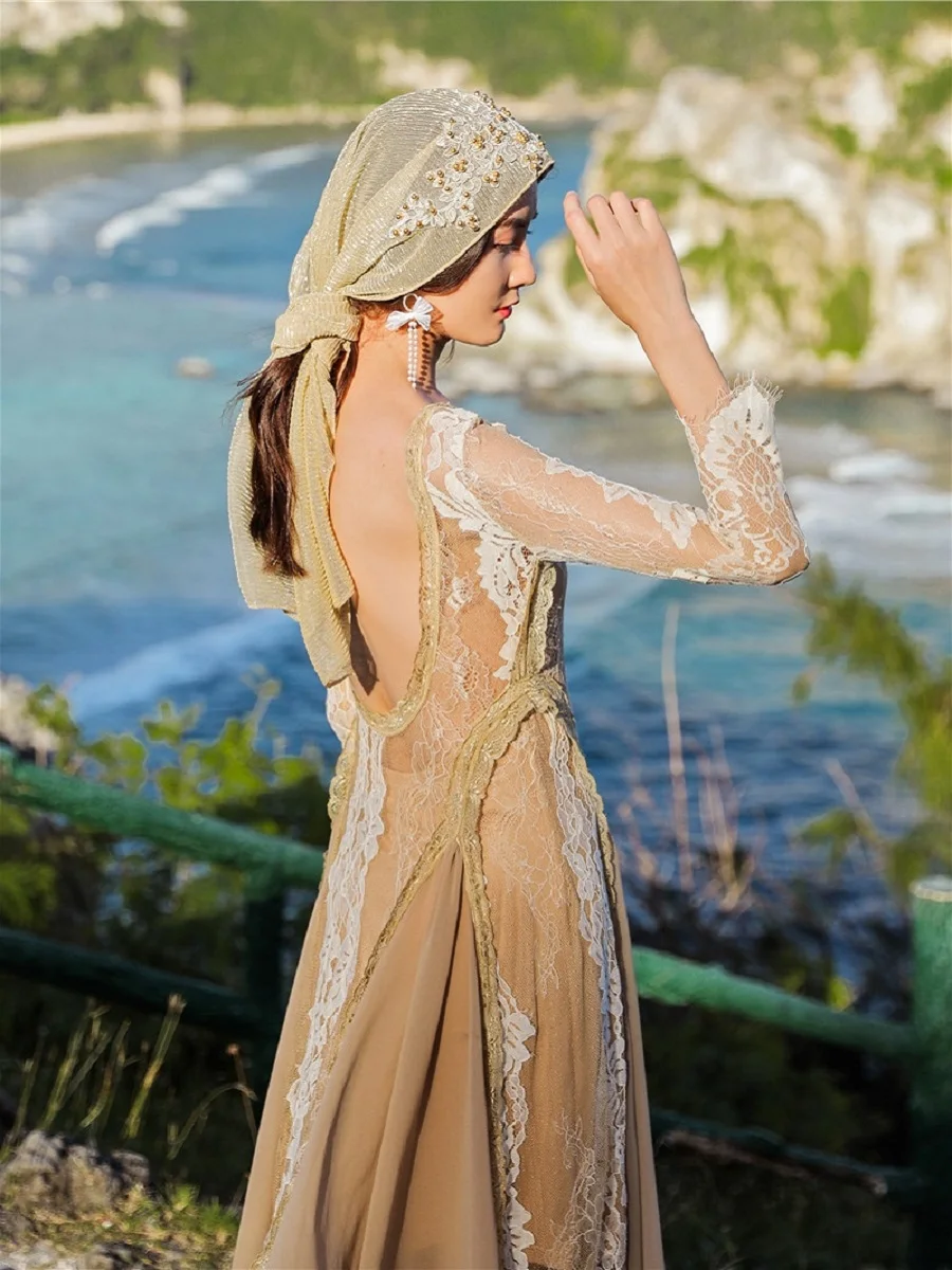 

French tight backless women's lace sexy long dress New summer long-sleeved irregular retro elegant women's dress + headscarf Xl