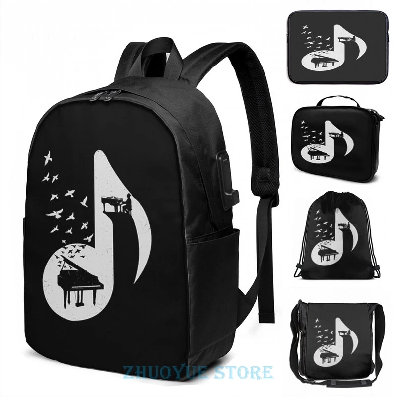Забавный рюкзак с графическим принтом фортепиано для музыкальных нот USB зарядкой