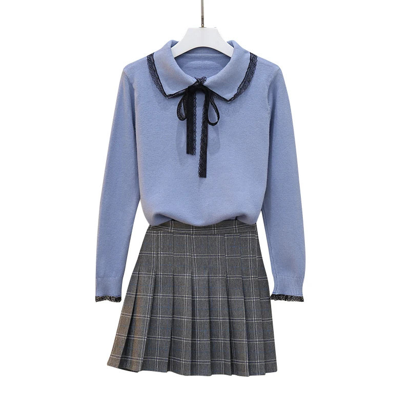 Новый Зимний кружевной пуловер свитер и плиссированная сетчатая юбка высокий