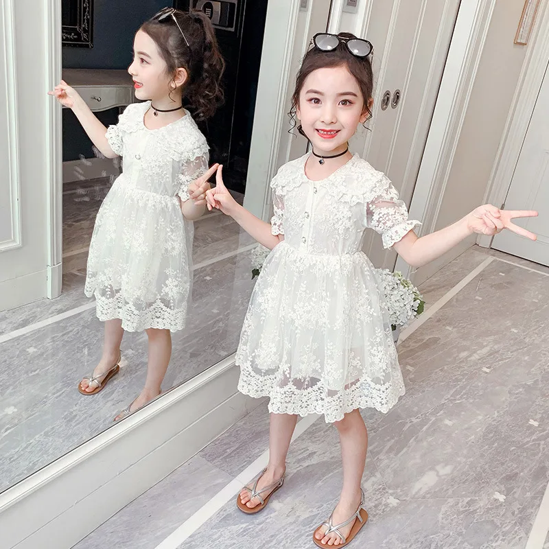 

Summer new Korean girl white dress children summer girl embroidered doll collar skirt
