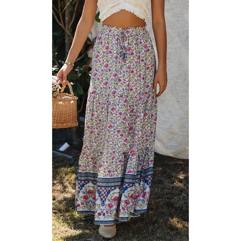 

High Waist Long Skirts Womens Boho A-line Full Skirt Floral Print Drawstring Lace-Up Maxi Clothes S Size White