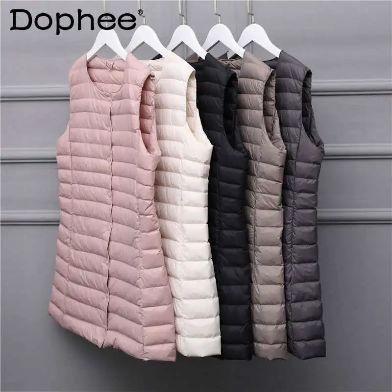 

Ultra Light O-Neck Duck Down Jacket Vest Women Warm Liner Mid-Length Sleeveless Slim Down Coat 2021 New Fall Winter Waistcoat