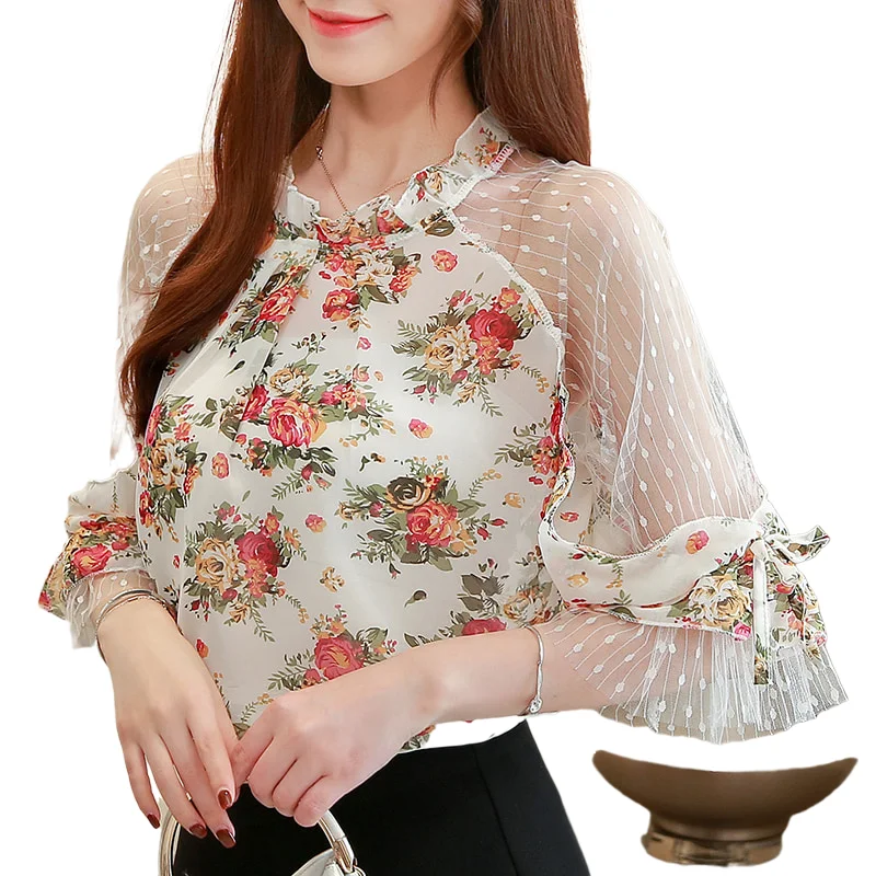 Блузка женская с цветочным принтом кружевная шифоновая блузка модные шикарные