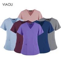 multi color optional unisex womens scrub short sleeve pocket nursing worker t shirt tops solid color wholesale lab clothing