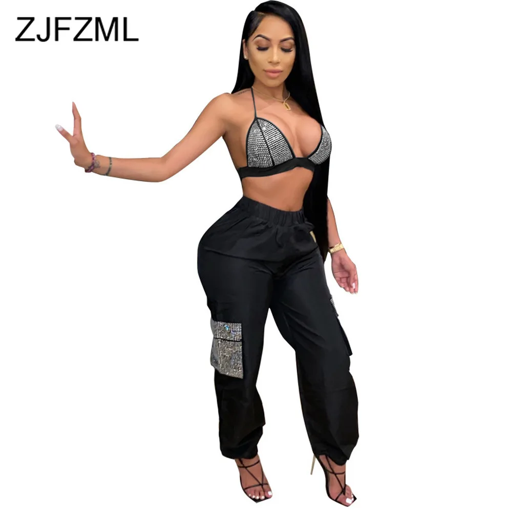 Блестящий Стразы комплект из двух предметов для женщин наряды с лямкой на шее