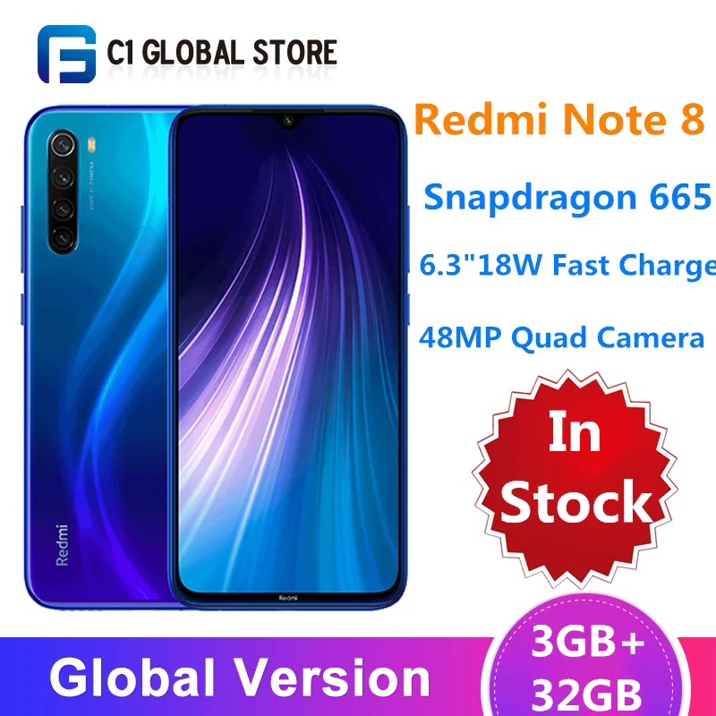 Xiaomi Redmi Note 8 с глобальной версией 3 Гб ОЗУ 32 ПЗУ Смартфон Snapdragon 665 четыре ядра 48мп