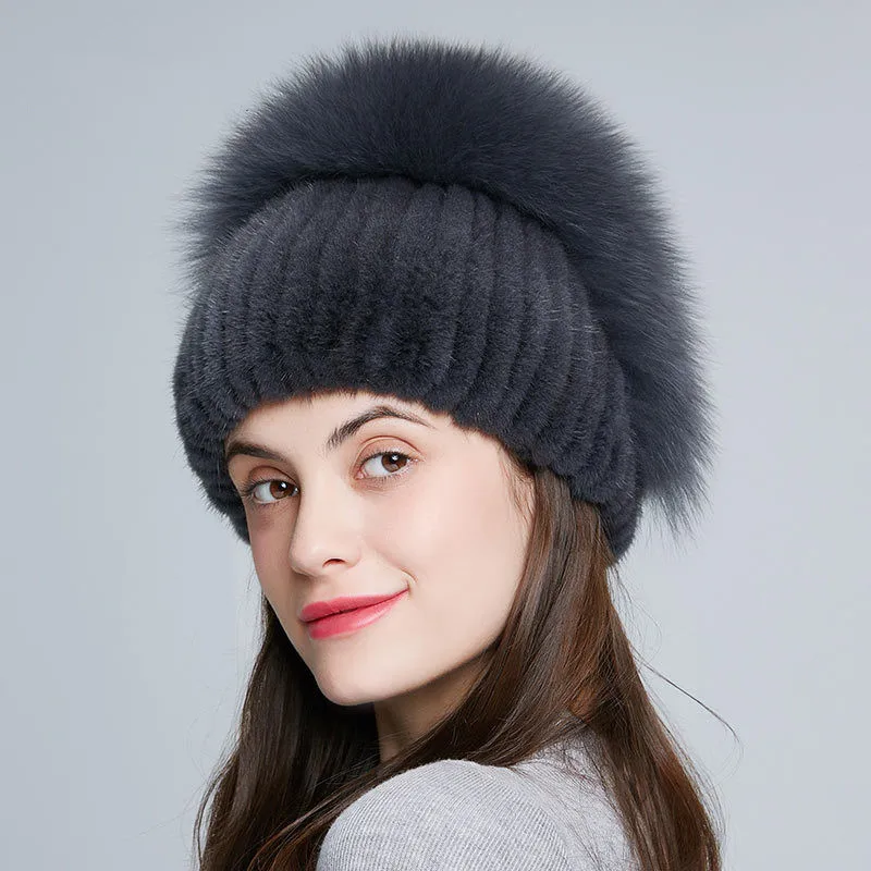 

Осенне-зимняя новая модная элегантная шапка из натурального меха норковая шапка из лисьего меха с цветами розы Защитная теплая шапка Страз...