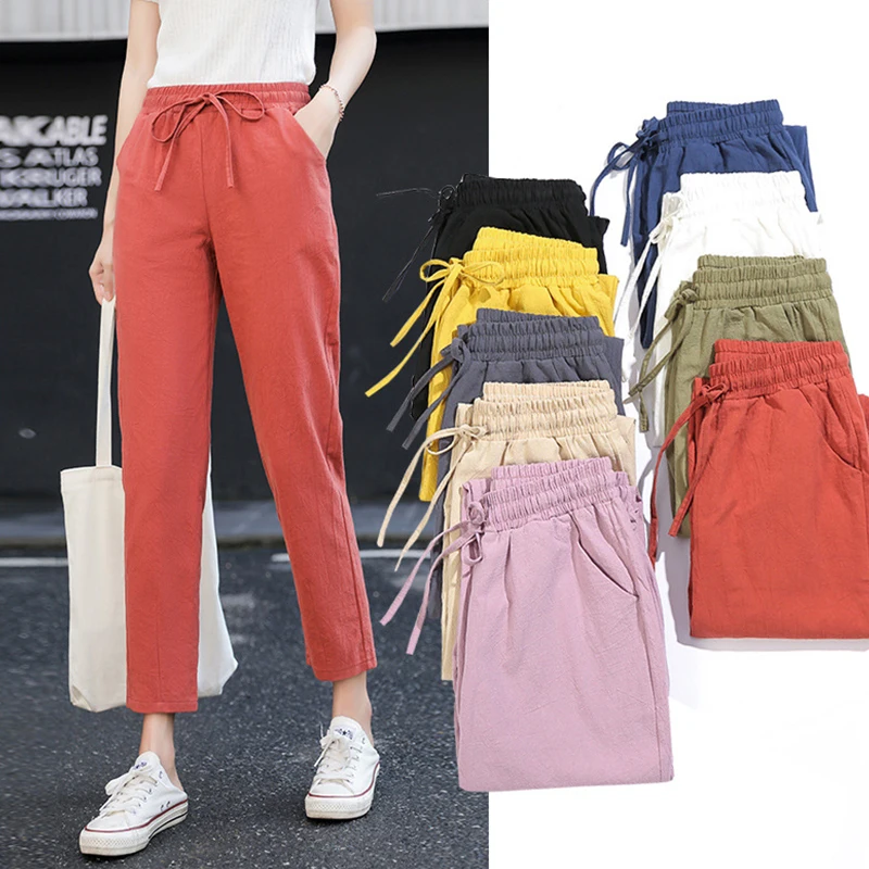 

Брюки-султанки женские с эластичным поясом, хлопково-льняные однотонные Мягкие штаны карамельных цветов, весна-осень