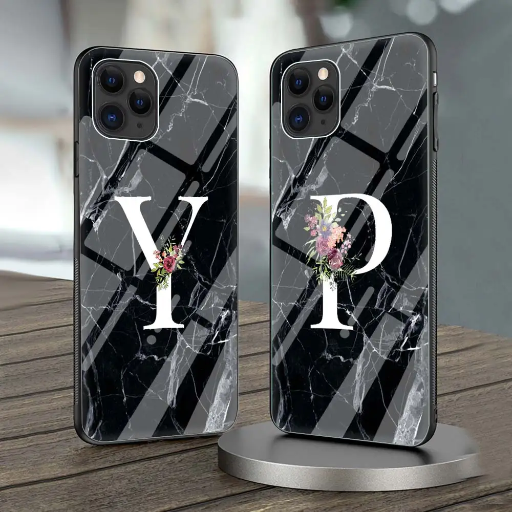 

Letters Flower 26 English Marble Phone Case for iPhone 11 Pro Shell for iPhone 12 Pro Max X XR XS 7 8 Plus SE 2020 Glass Cover