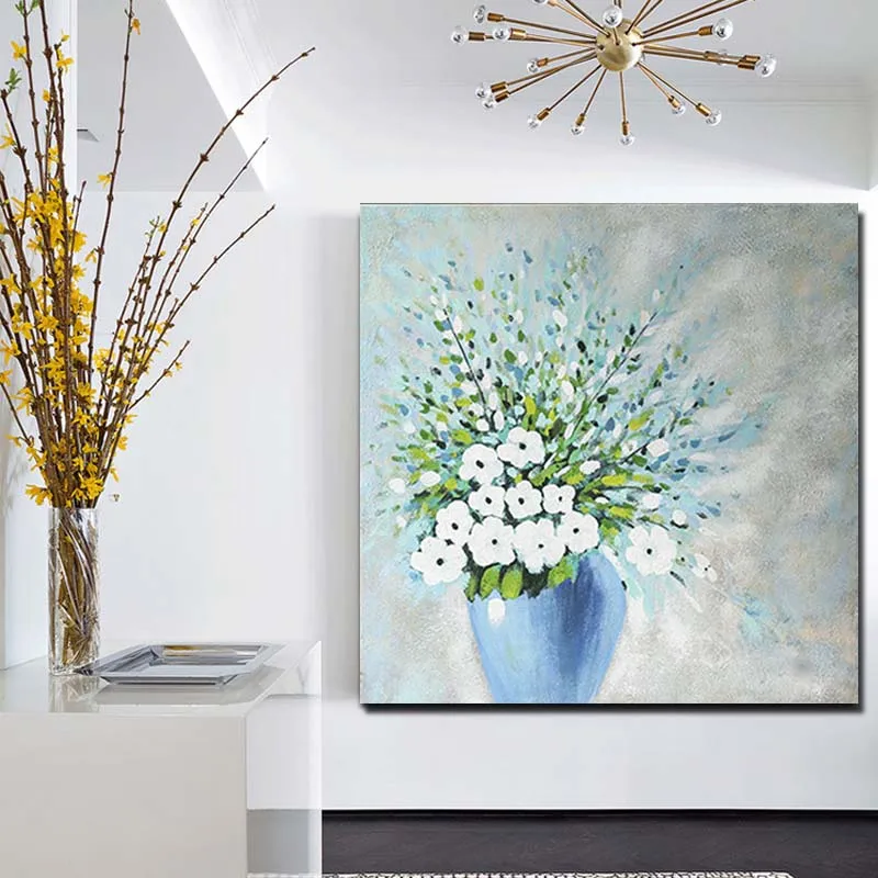 

Hand Painted Impasto Abstract White Flower Vase Wall Picture Oil Painting Canvas Living Room Bedroom Home Decor Drop Shipping