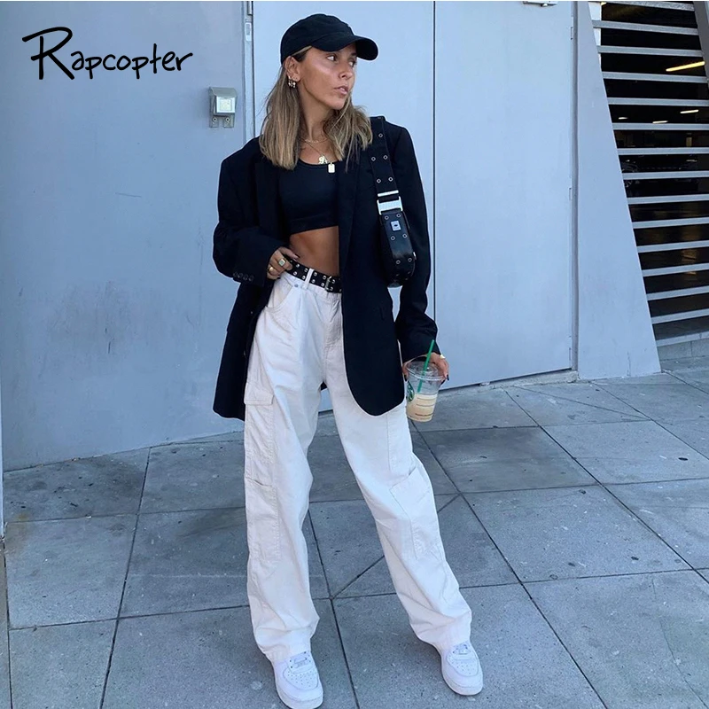 

Rapcopter Straight Jeans Pants Women Trousers Big Pockets High Waist Denim Pants Streetwear Cargo Pants 90S Zipper 90S Jeans New
