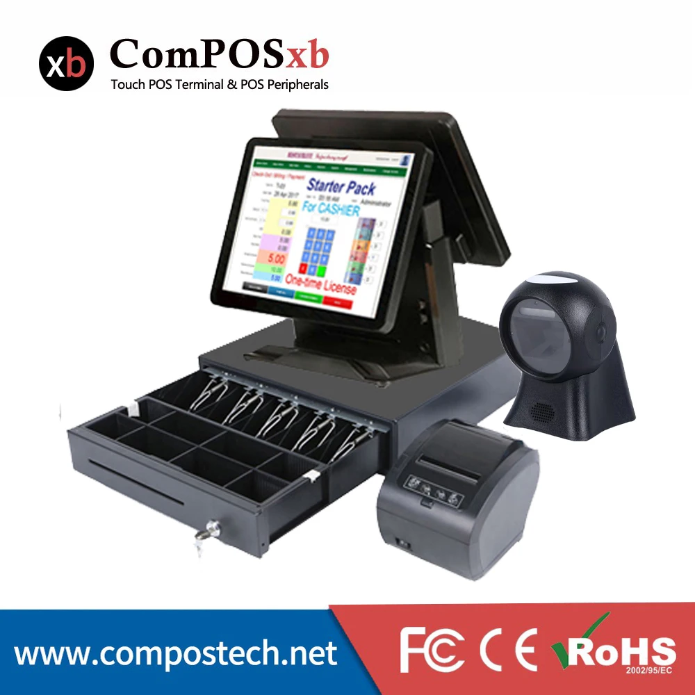 

High quality 15+15 inch touch All in One PC POS Terminal POS Systems with 2D scanner/printer/cash drawer