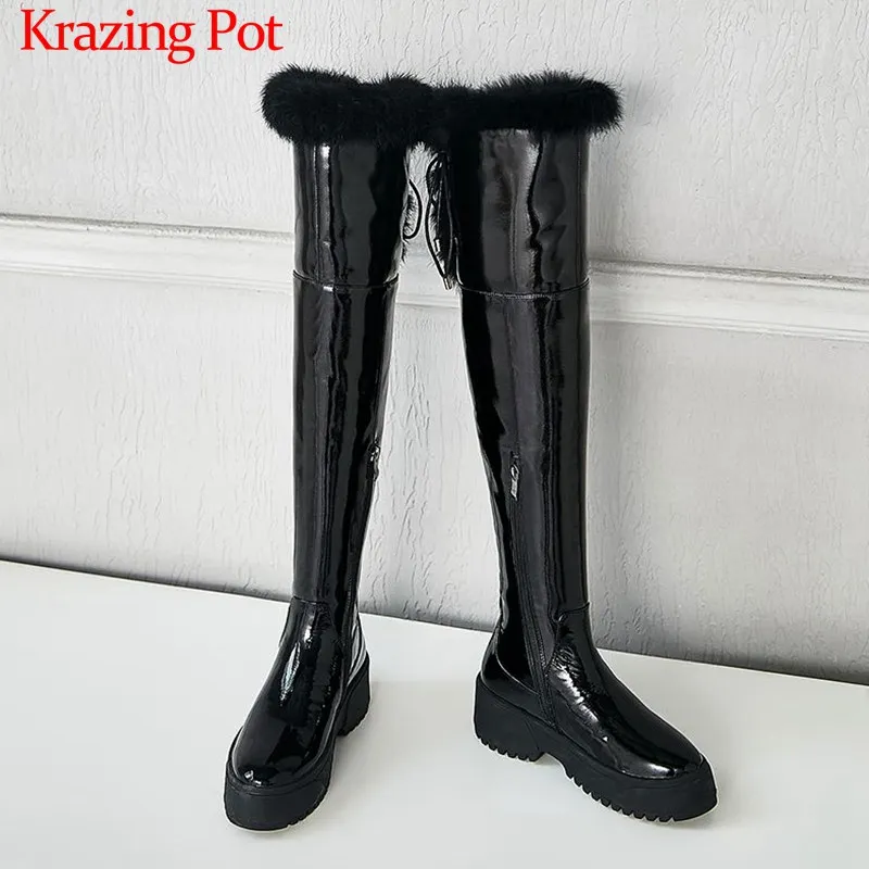Krazing Pot/Новые очень теплые высокие зимние сапоги на шнуровке зимние женские сапоги до бедра из коровьей кожи на высоком толстом каблуке, L47