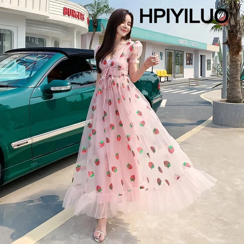 

Women Long Party Strawberry Dress Summer Sequin Mesh Sweet Lolita High Waist Black Pink Tulle Maxi Dress Original Quality