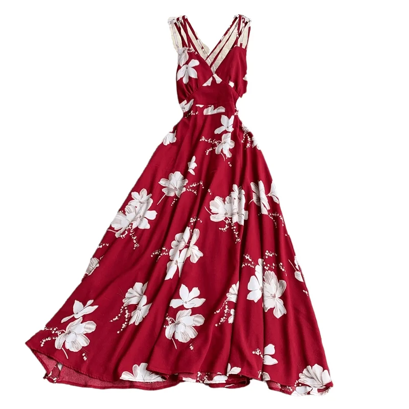 

2020 Summer New Vintage Printed Backless Dress Sexy V-neck Backless Cross Strap Vacation Beach Dress