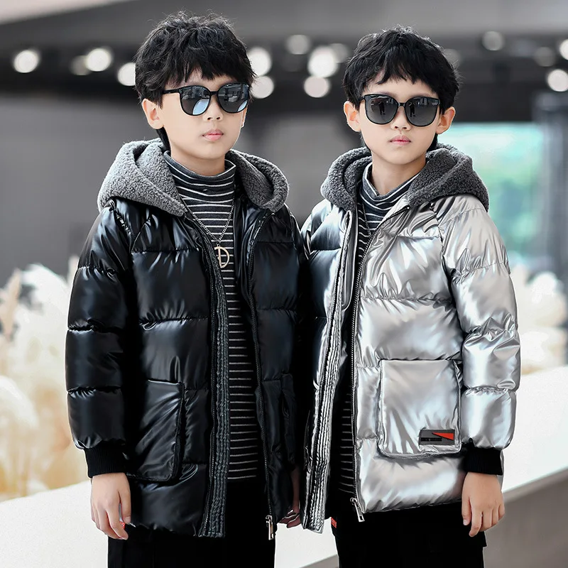 

Children Plush Hat Down Cotton Jacket Kids New Glossy Snowsuit Boys Handsome Cotton-padded Outerwear Teen Thick Warm Heavy Coat