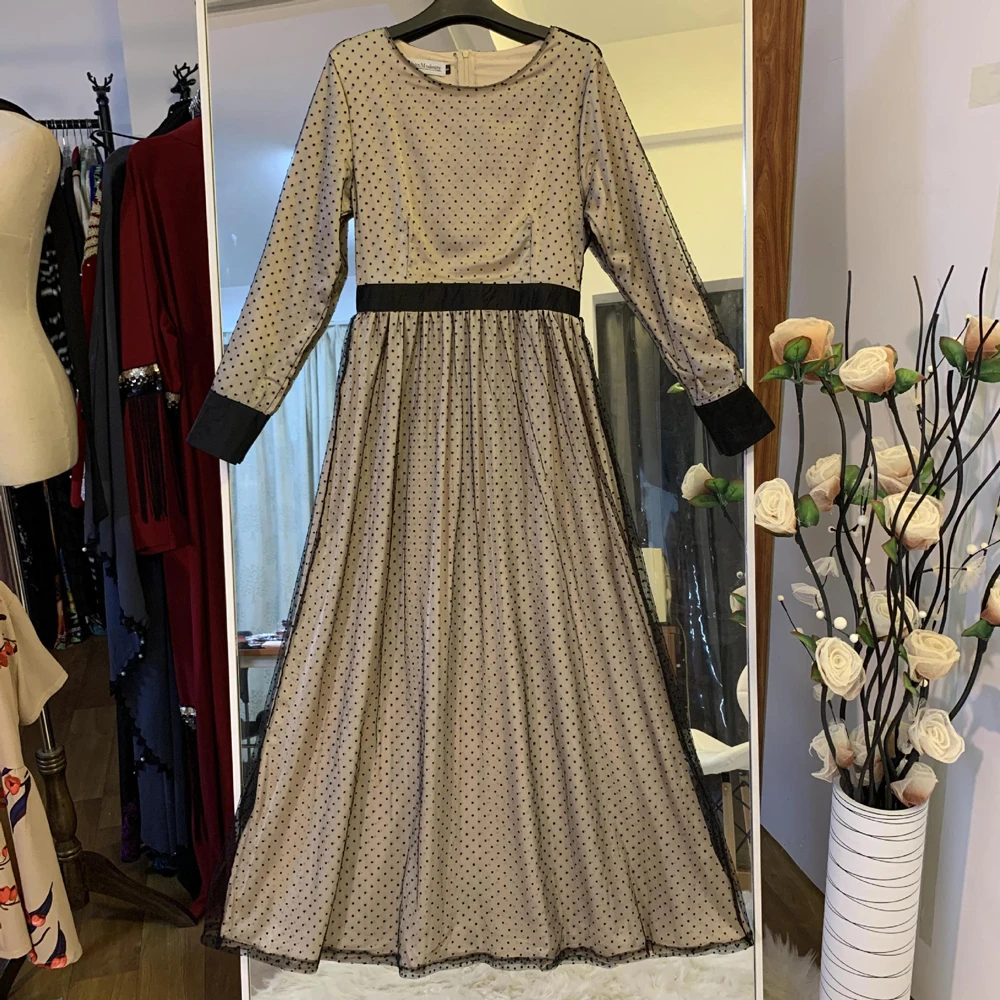

Fashion Muslim Women Polka Dot Long Dress Mesh Lace Islamic Abaya Maxi Robe Dubai Jilbab Gown Arab Turkish Party Kaftan Ramadan