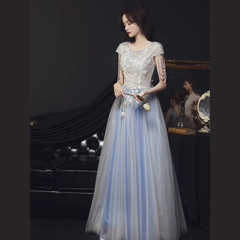 

Beading Lace Dream Princess Evening Dress Female Banquet Shoulder Fringed Dress Host Fairy Birthday Party Luxury Prom Dress A105