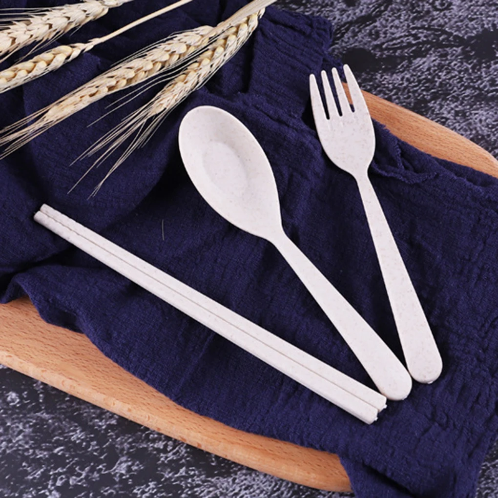 

3 In 1 Spoon Fork Chopsticks Set Organizer Box Plastic Tableware Wheat Dissolvabitity Dinnerwear