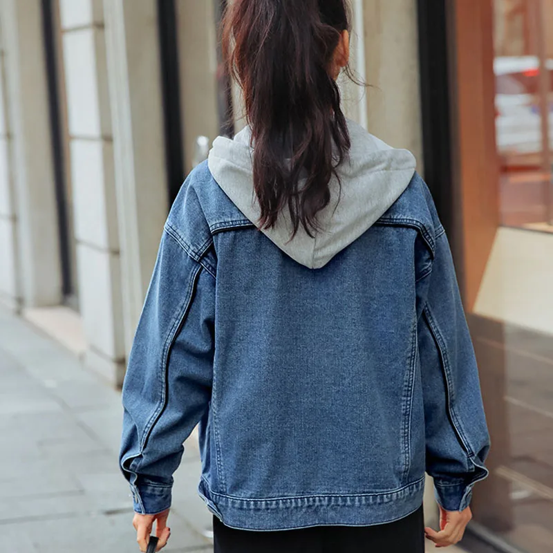 

NORMOV Solid Women Jackets Spring Autumn Hooded Long Sleeve Pockets Drawstring Single Breasted Denim Coats Casual Loose Jackets