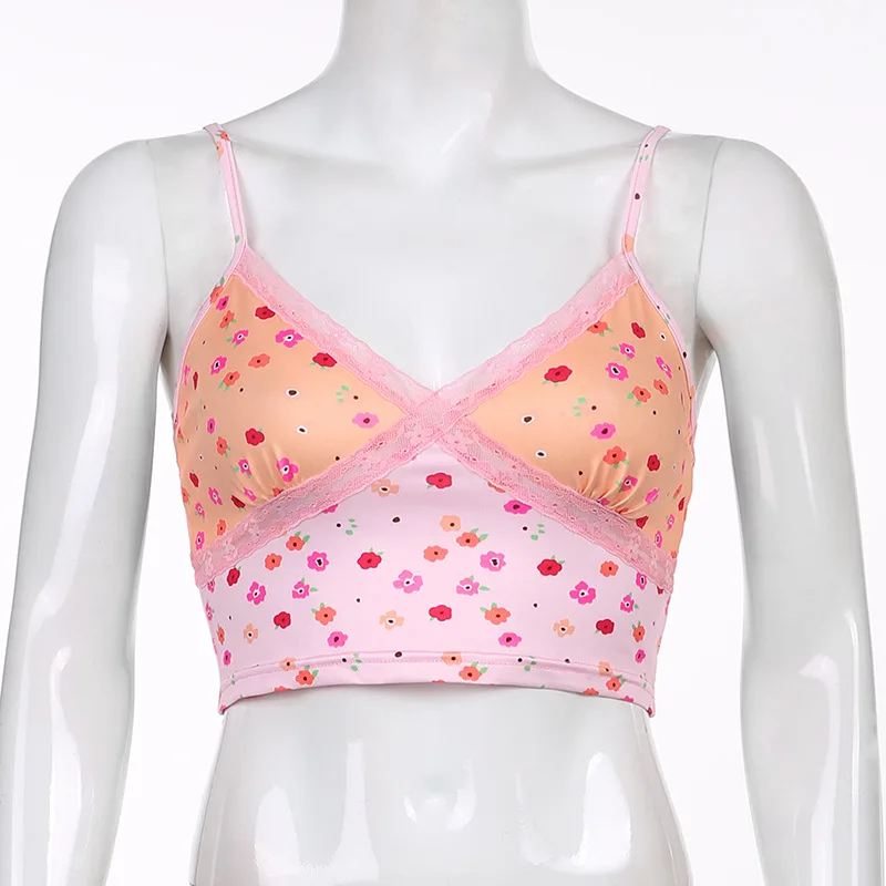 

ALLNeon Kawaii Fashion Floral Print Pink Cami Tops Y2K Streetwear Cross Lace Trim V-neck Patchwork Crop Tops 2000s Fashion Tanks