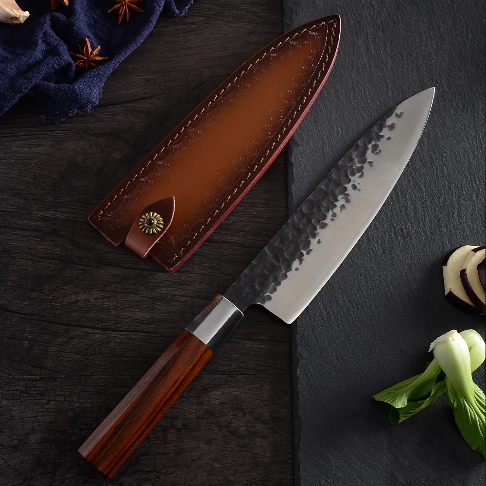 XYj 7 'Ǝ'' ручной Кованый кухонный нож высокий из углеродистой стали кожаный