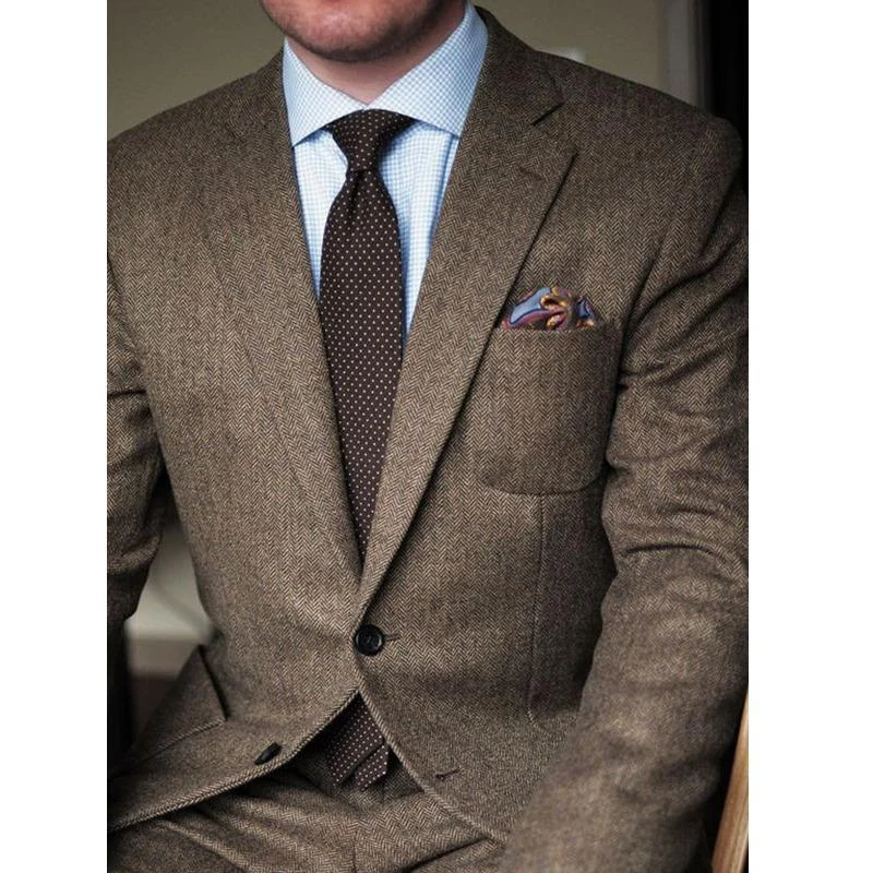Traje informal de Tweed de espiga marrón para hombre, conjunto de chaqueta con pantalones, esmoquin para boda, novedad de moda, 2 piezas
