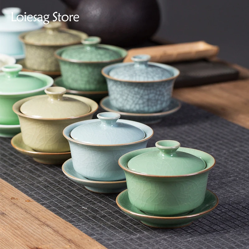 

Loiesag 150ml Longquan Celadon Sancai Cover Bowl Ceramic Ice Crack Kung Fu Tea Set Tea Bowl Travel Gaiwan Bubble Tea Device Set