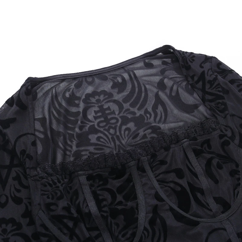 

Women's Bottoming Shirt Gothic Lace Print Long Sleeve Tops Streetwear Bra Build Mesh See Through Sexy Patchwork Skinny Blouses