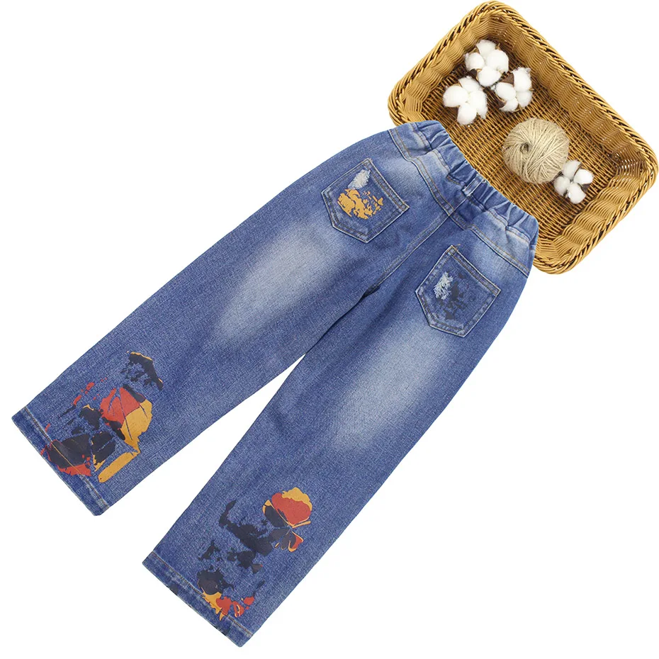 Джинсы для девочек детские джинсы с принтом свободные рваные джинсовые брюки