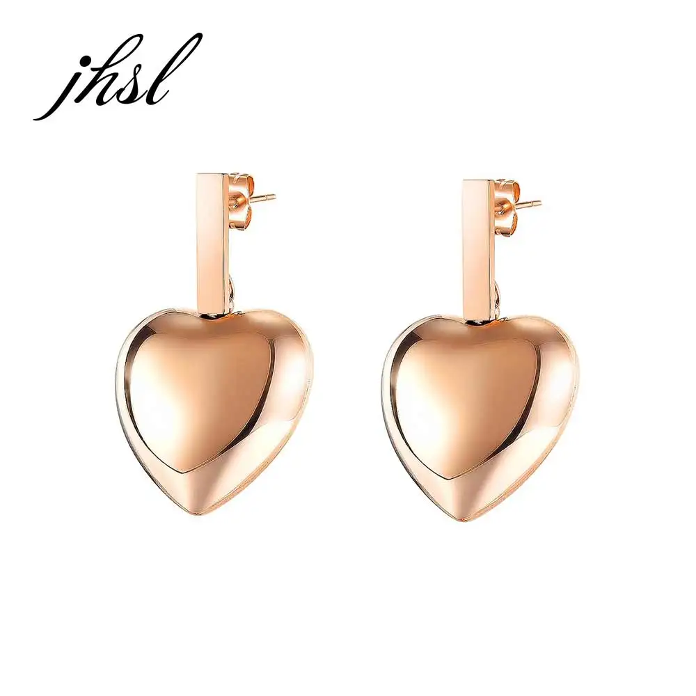 

JHSL Brand Fashion Jewelry Cute Young Lady Stainless Steel Big Heart Women Stud Earrings Rose Gold Color Dangler Ear Ring