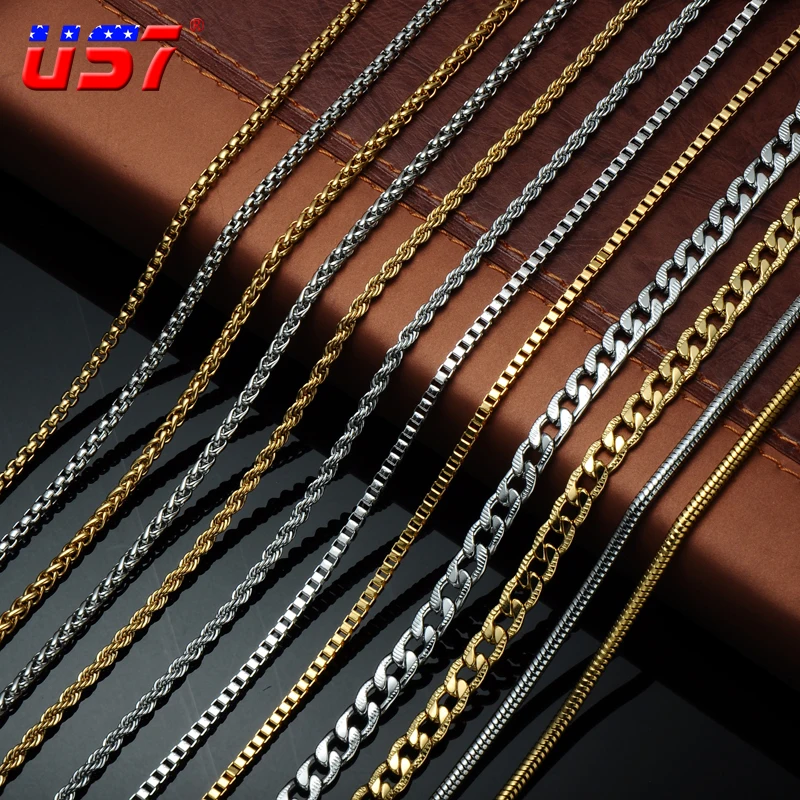

US7 Stainless Steel Necklace Braided Wheat Curb Cuban Link Chain Snake Chain For Men&Women 2021 Fashion Jewelry