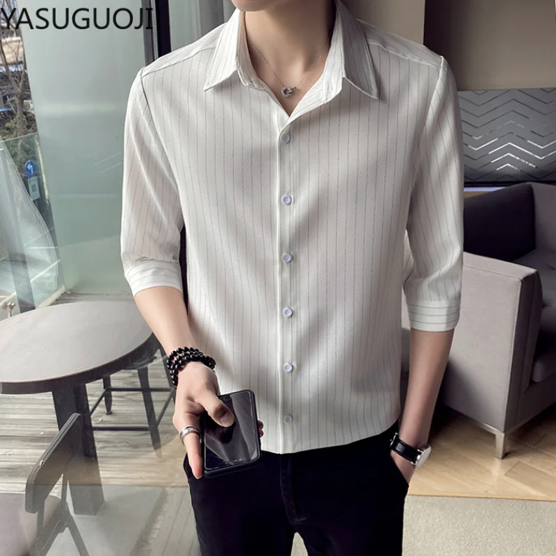 

YASUGUOJI Mens Business Casual Slim Fit Three Quarter Sleeve Shirt Classic Striped Male Social Dress Shirts Camisa Masculina