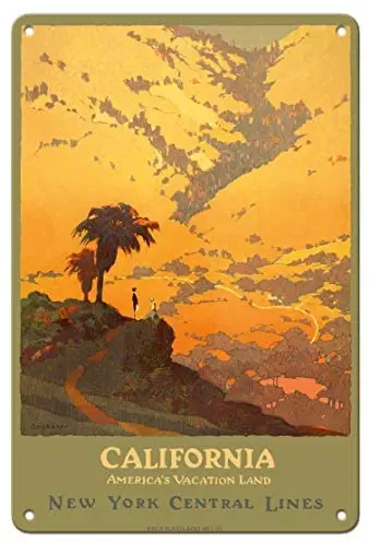 

California - America's Vacation Land - New York Central Lines Railroad by Jon O. Brubaker c.1920s - Vintage Metal Tin Sign