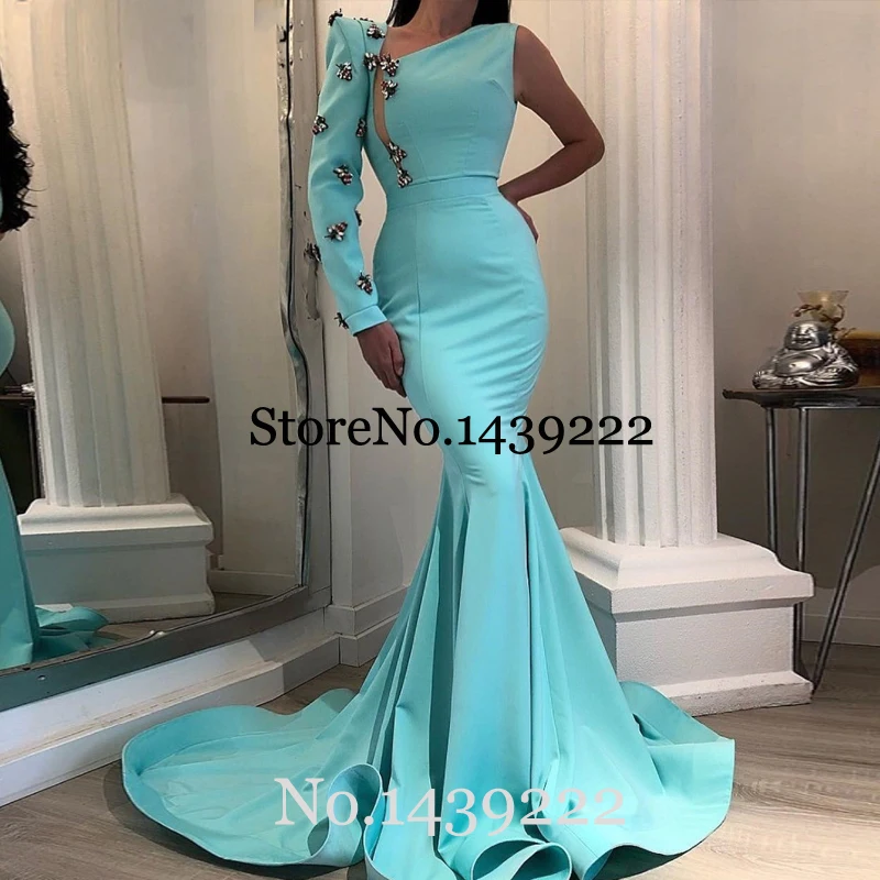 

Sofuge Mint Satin One Shoulder Evening Dress Mermaid Vestidos De Fiesta De Noche Robe De Soiree Plus