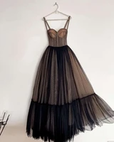 black dotted tulle prom dresses spaghetti straps boning a line short prom gowns tea length wedding party dresses