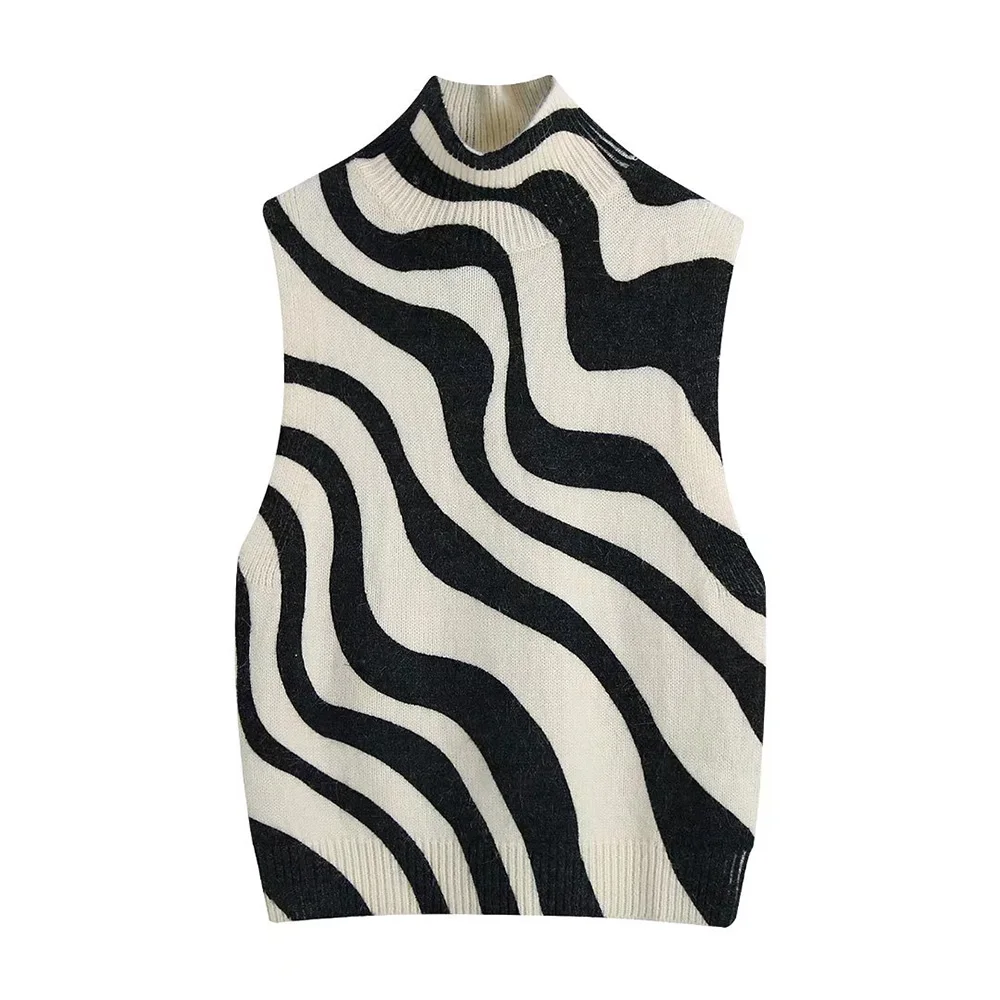 

Y2K XIKOM 2021 Autumn Turtleneck Knitted Vest For Women Striped Sleeveless Sweater Women Streetwear Slim Knit Vest Top Women