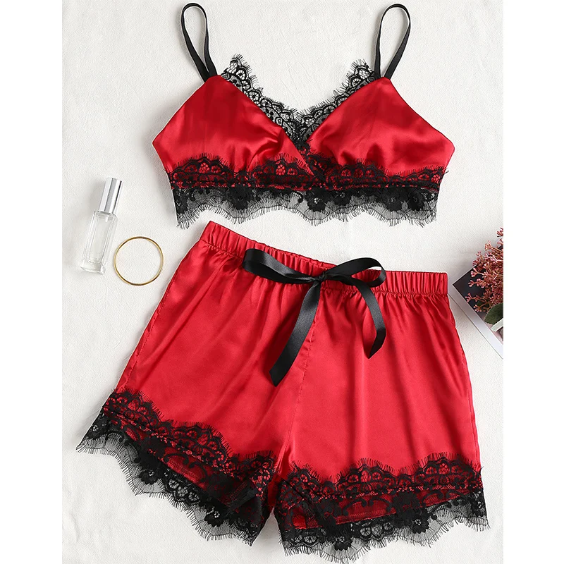 

Exotic Apparel Bodydoll V-Neck lingerie Set Sexy Lingerie Lace Split Pajamas Suit Sleeveless Crop Camis Top and Shorts