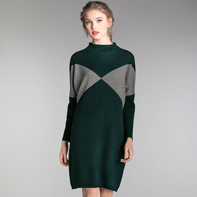 

Lady Dress Winter Knitting Sweater Dresses Plus Size Patchwork Casual Oversized Turtleneck Loose Winter Autumn Dress Female