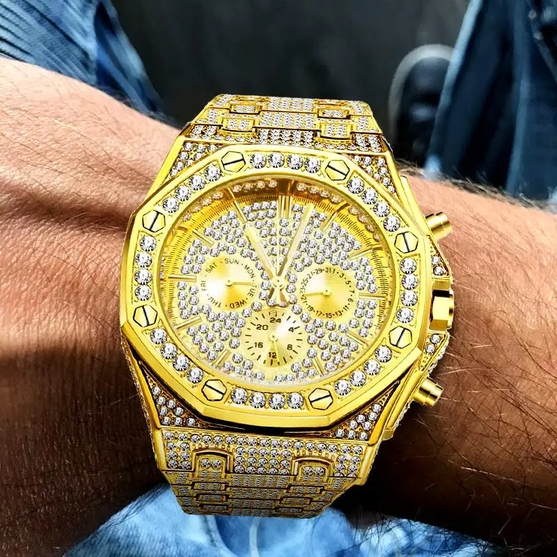 

Men's Watch Stainless Steel Authentic MISSFOX Audemars Chronograph Quartz Movement Diamond Watch Men Chrono Golden Timepieces