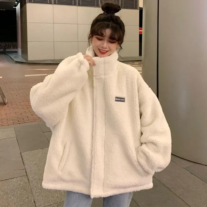 

QWEEK Winter Oversized Lamb Wool Zip Hoodies Women 2021 Casual Warm Hooded Sweatshirt Long Sleeve Tops Kpop Clothes Female