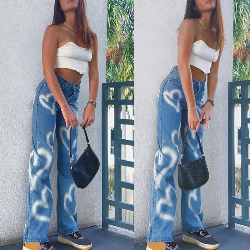 

Women High Waist Straight Leg Baggy Jeans Heart Graffiti Print Denim Long Pants Harajuku Hip Hop Loose 90s Trousers