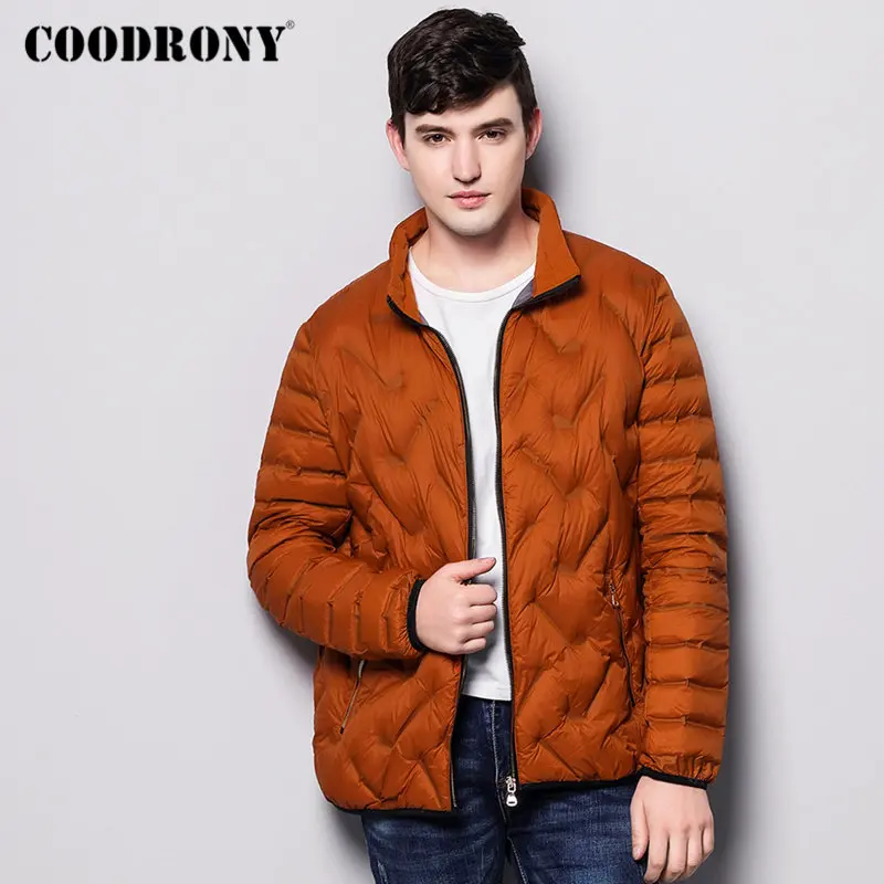 Оранжевый Бренд COODRONY, мужская куртка-пуховик на утином пуху, модное повседневное пальто со стоячим воротником, мужские мягкие теплые зимние куртки на молнии с карманами, одежда 98025 - Цвет: Оранжевый