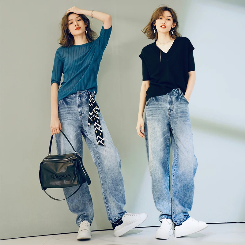Jeans women 2021 new wide leg pants sickle loose high waist casual pants thin and handsome jeans