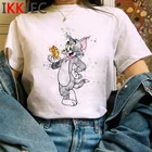 Футболка женская с забавным рисунком кота и мышки, милая аниме футболка в стиле Харадзюку, уличная одежда с милым графическим рисунком