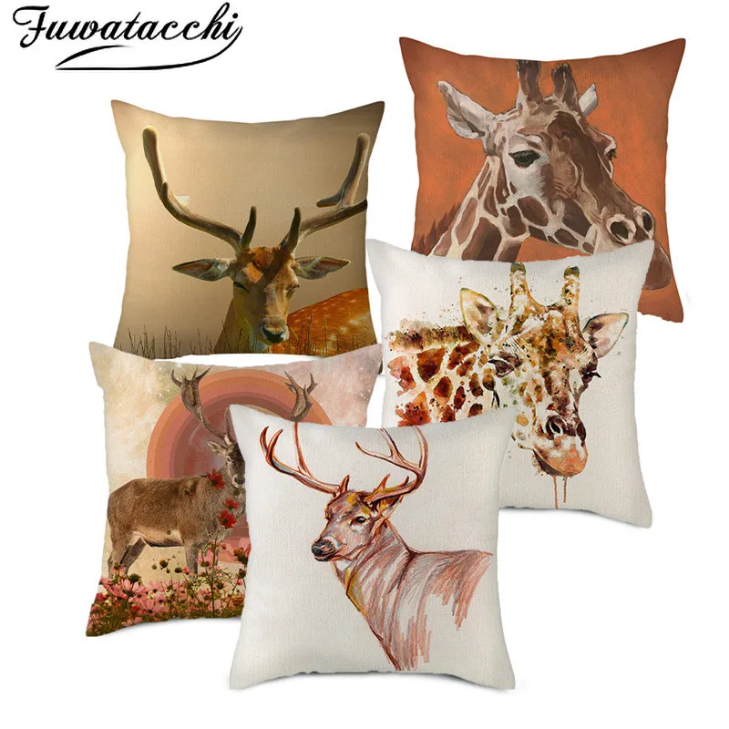 Fuwatacchi Pure Linen Giraffe Printed Cushion Cover Sika Deer Animal Photo Pillow for Home Car Sofa Decorative Pillowcases | Дом и сад